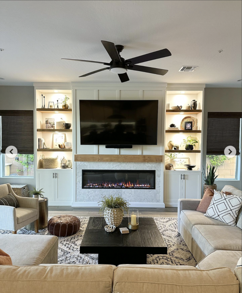 Electric fireplace with TV above surrounded by built-in display shelves
