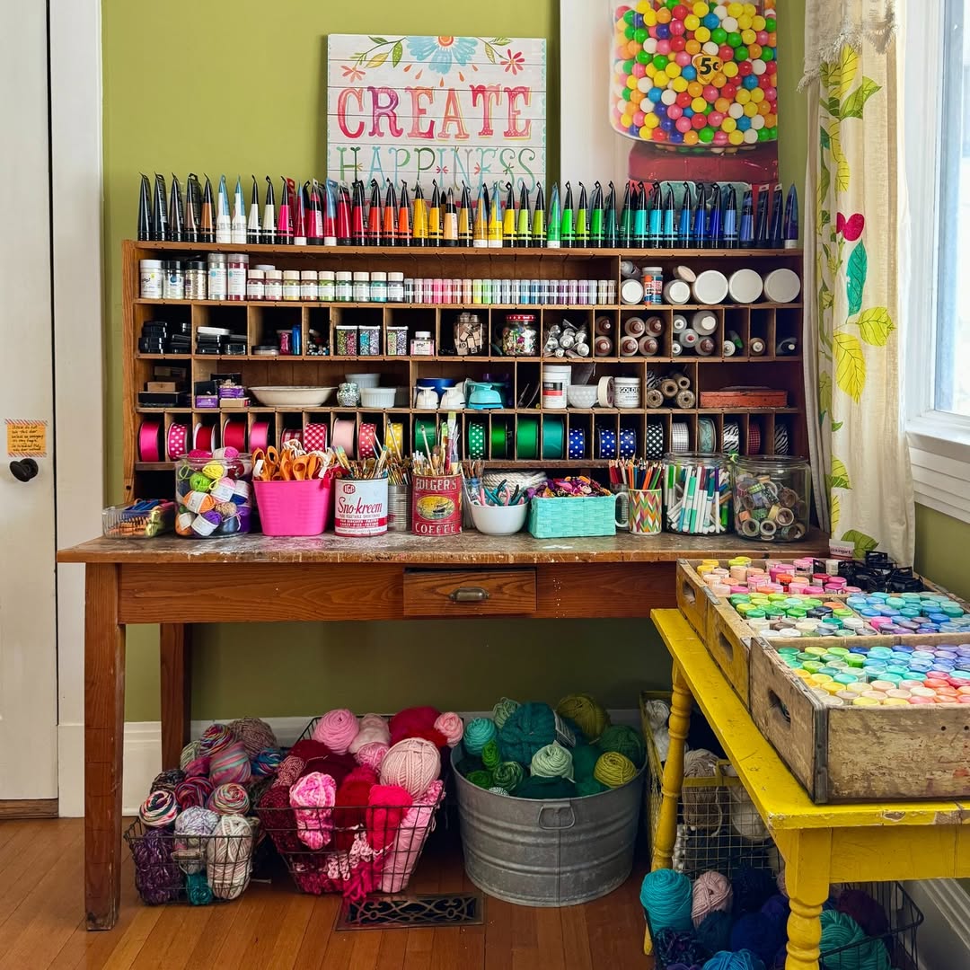 Candy-Shop Craft Corner with a Vintage Hutch and Rainbow Yarn Baskets