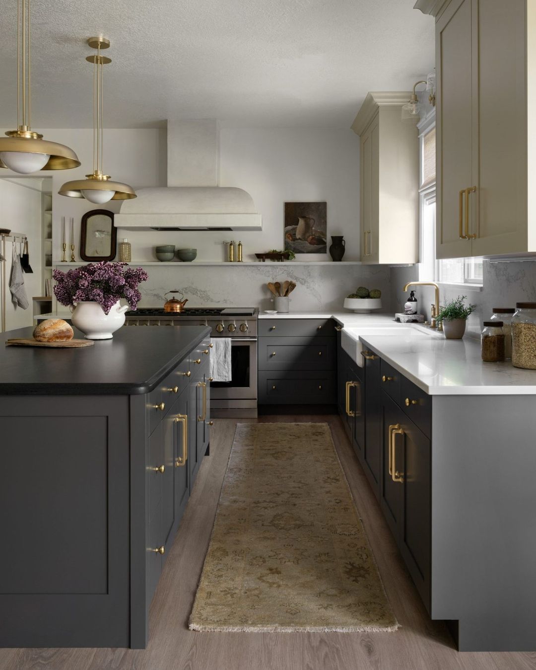Charcoal Kitchen Cabinets with Brass Hardware