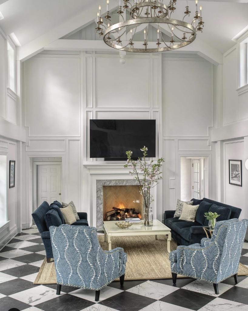 Checkered Board Floors in a White Living Room