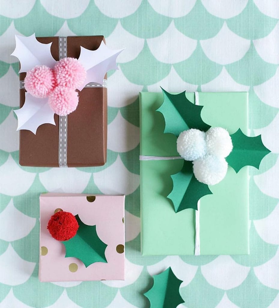 Christmas Gift Wrapping with Pompom Decorations