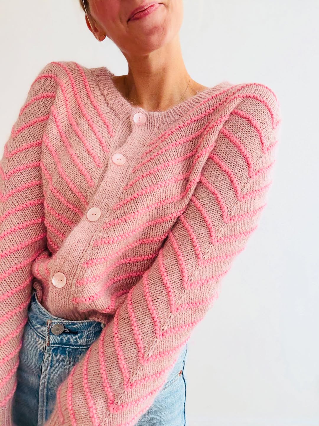 Classic Beige Chevron Button Front Knit