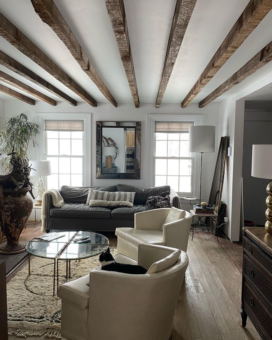 Classic Living Room with Distressed Ceiling Beam