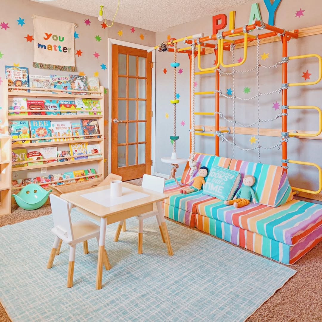 Colorful Climbing Playroom with Striped Seating