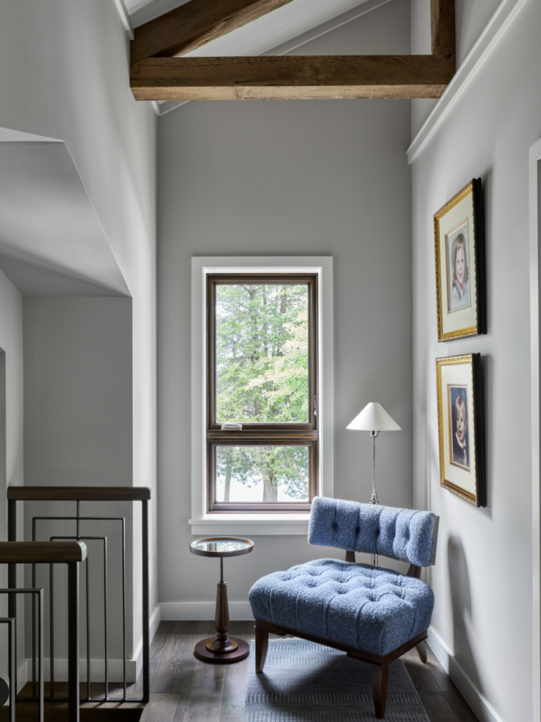 Compact Blue Plush Sofa Chair, Small Nook, and Wopoden Stool