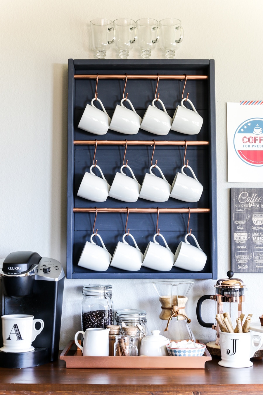Copper and navy countertop coffee bars for small spaces