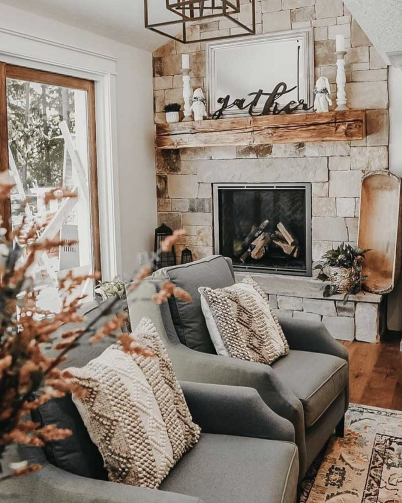 Corner Fireplace with a Stone Feature Wall