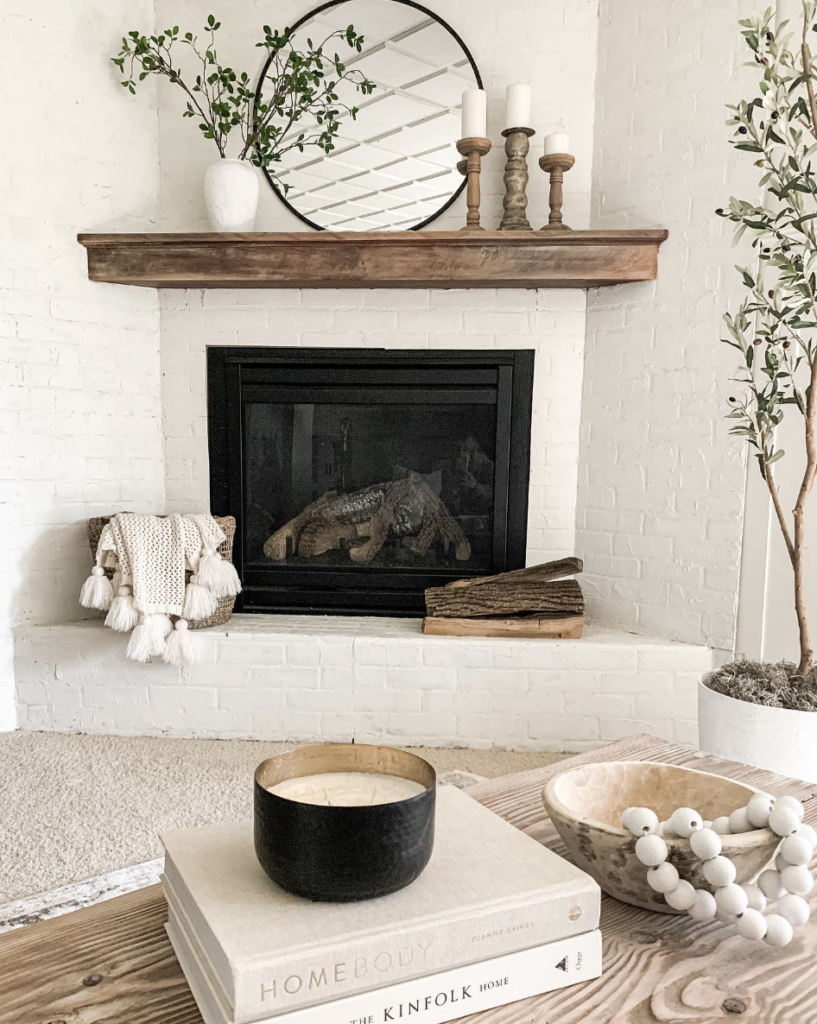 Corner White Brick Fireplace