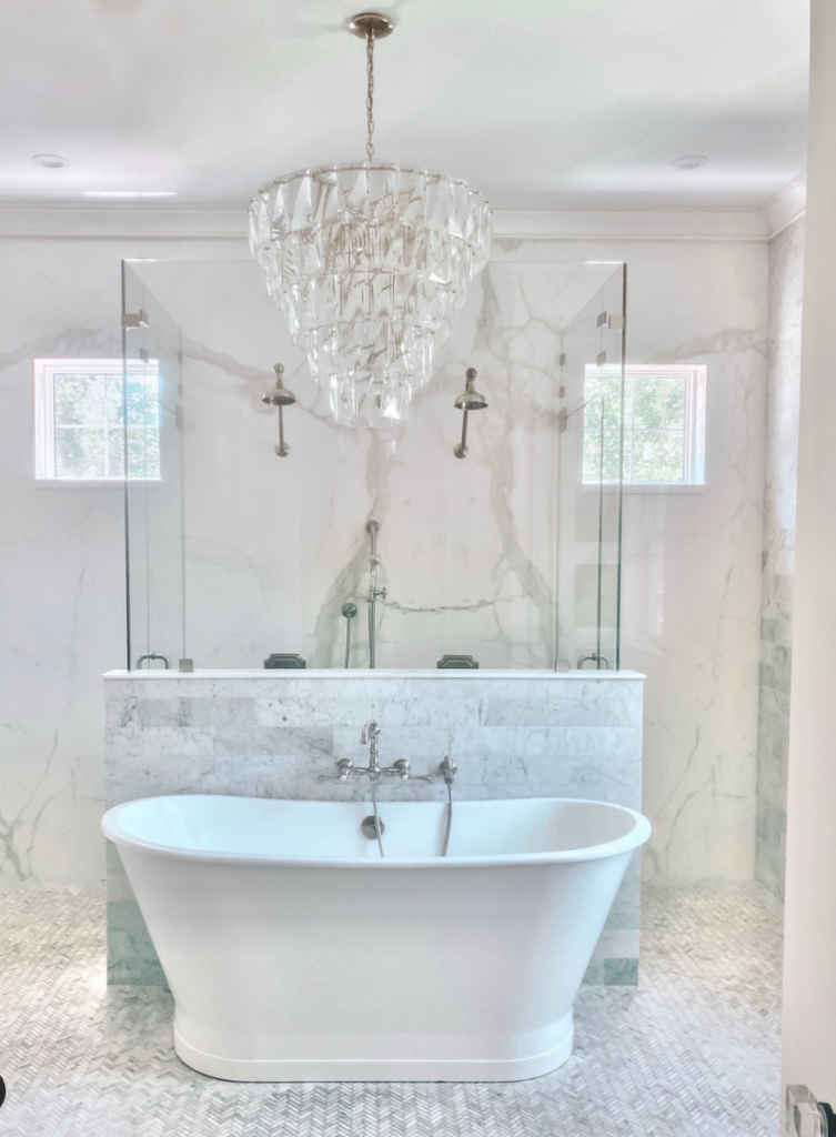 Crystal Chandelier in a White Bathroom