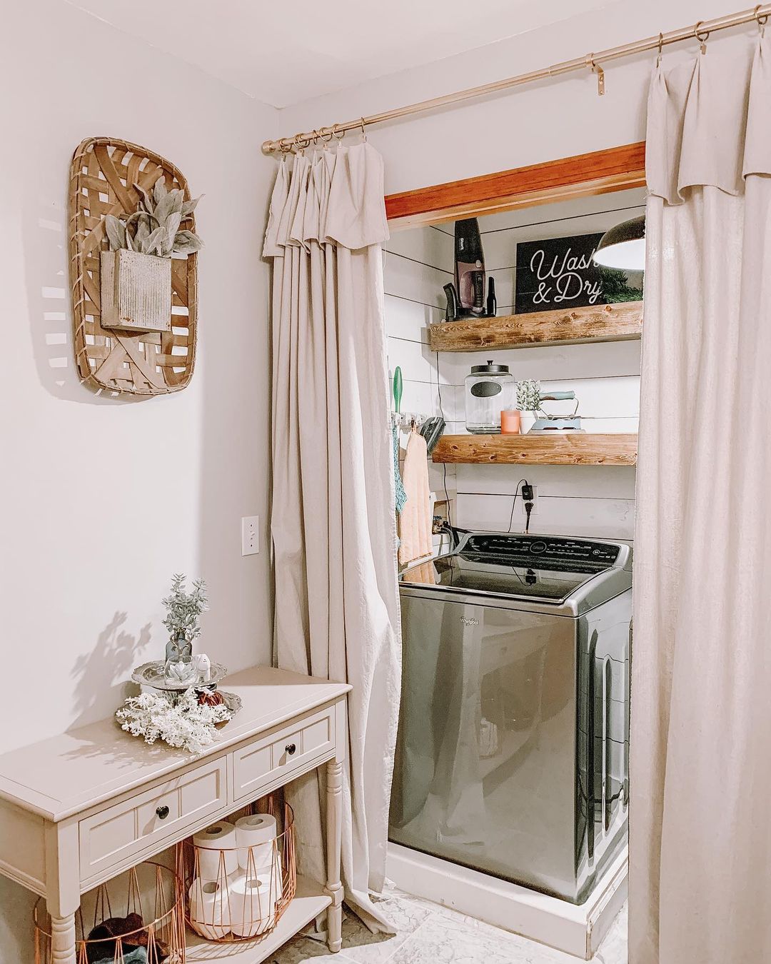 Curtain-Concealed Shiplap Laundry Area