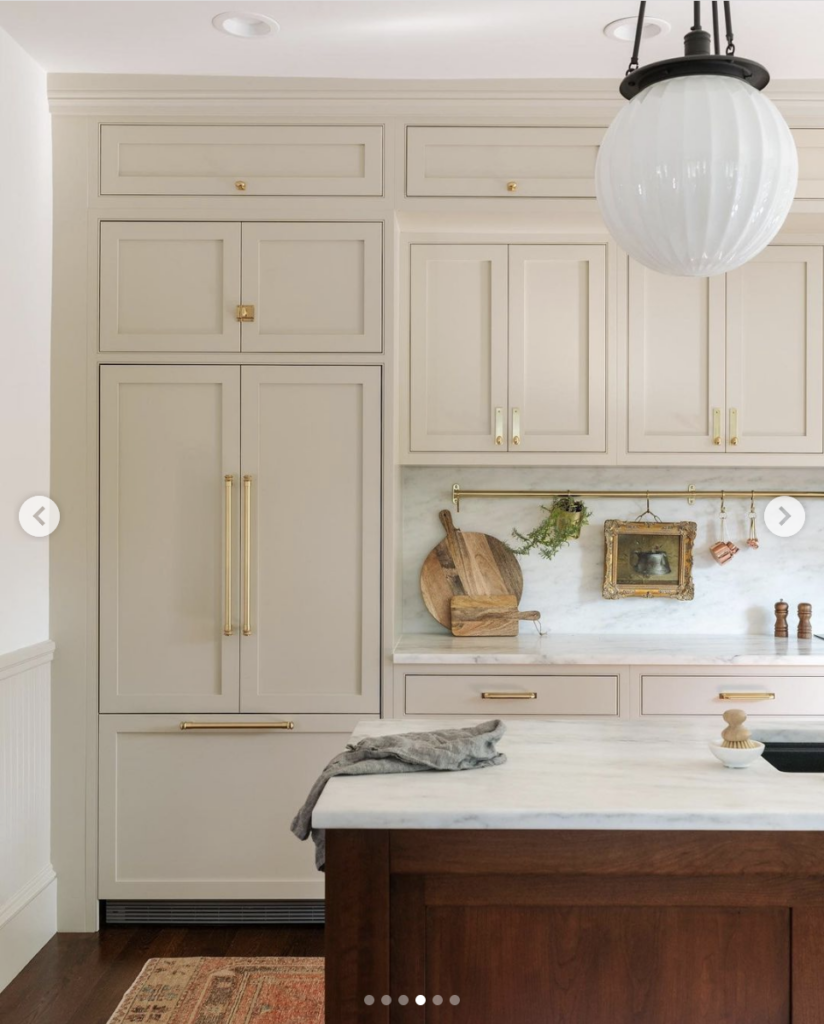 Dark Beige Cabinets and Gold Hardware
