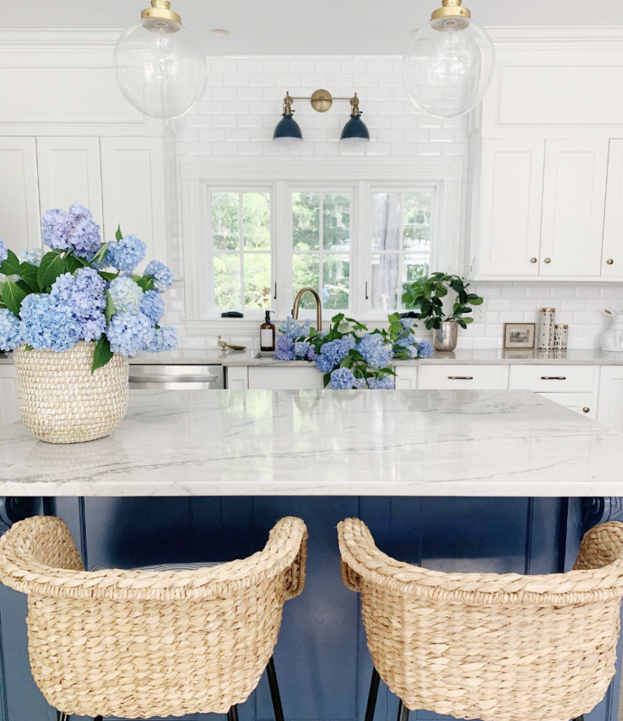 Dark Blue Kitchen with Glass Sphere Lights