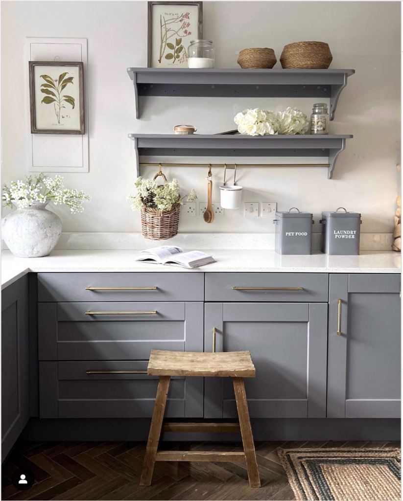 Dark Gray Cabinetry and Quartz Countertops in White