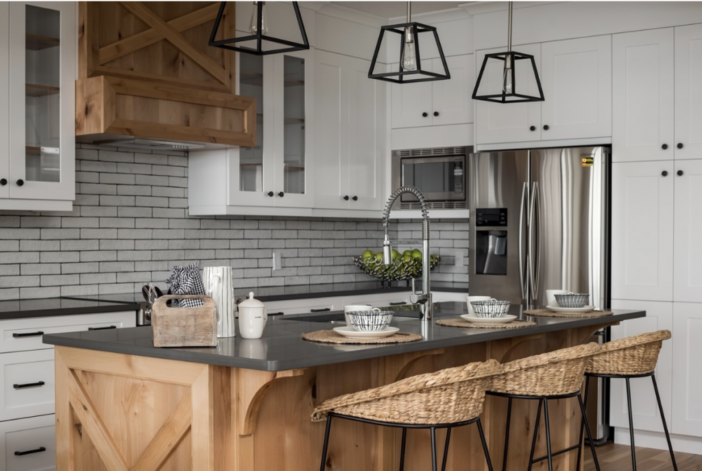 Dark Gray Countertops With Light Grey Tile Backsplash