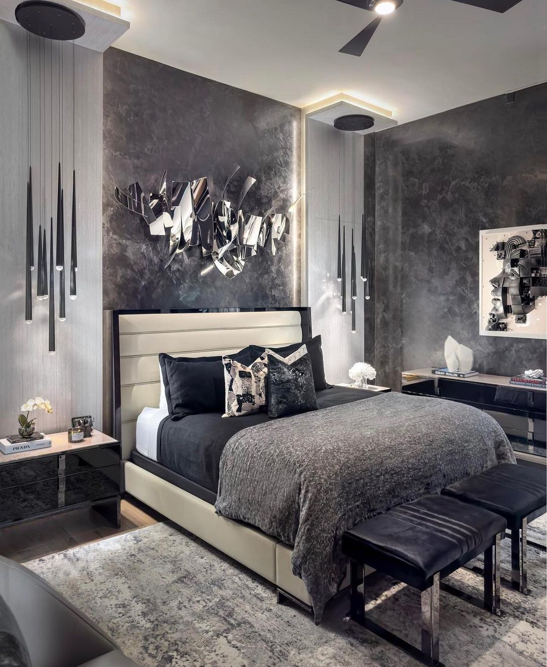 Dark Modern Bedroom with Suspended Light Fixtures