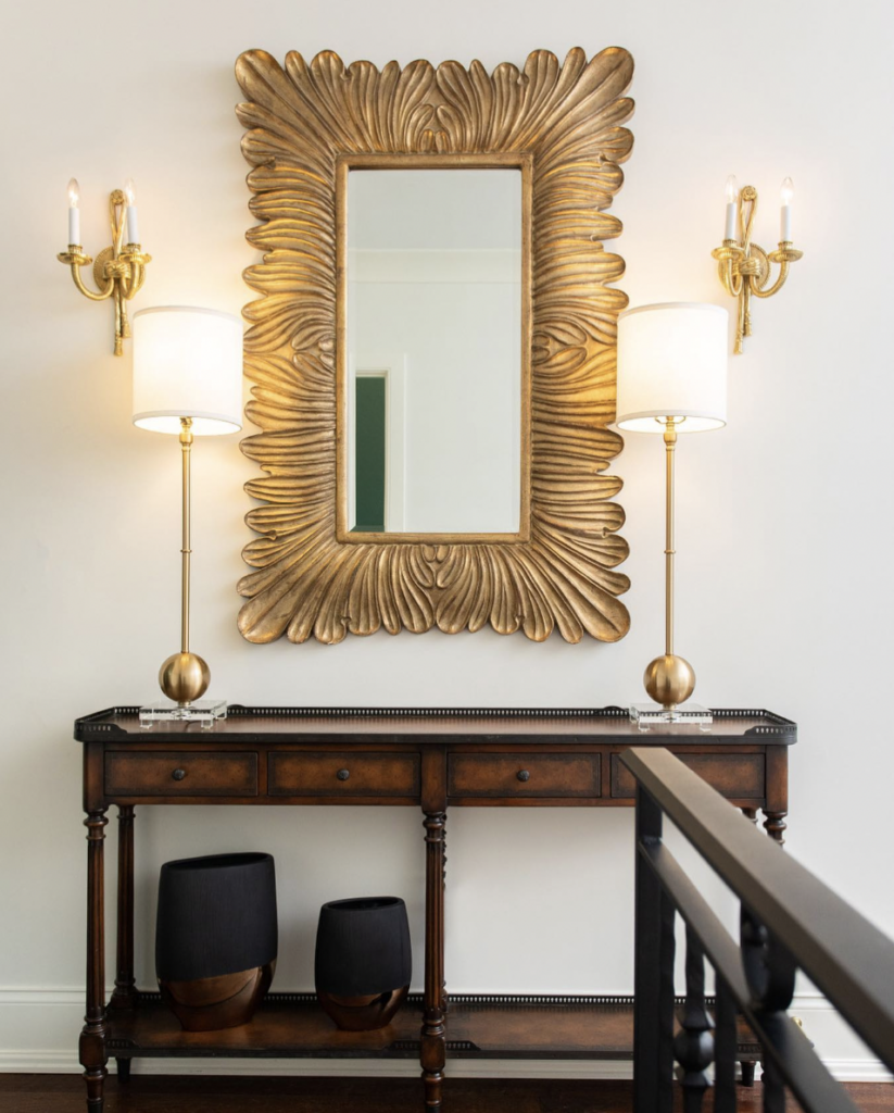 Dark Wood Table Gold Mirror and Lighting