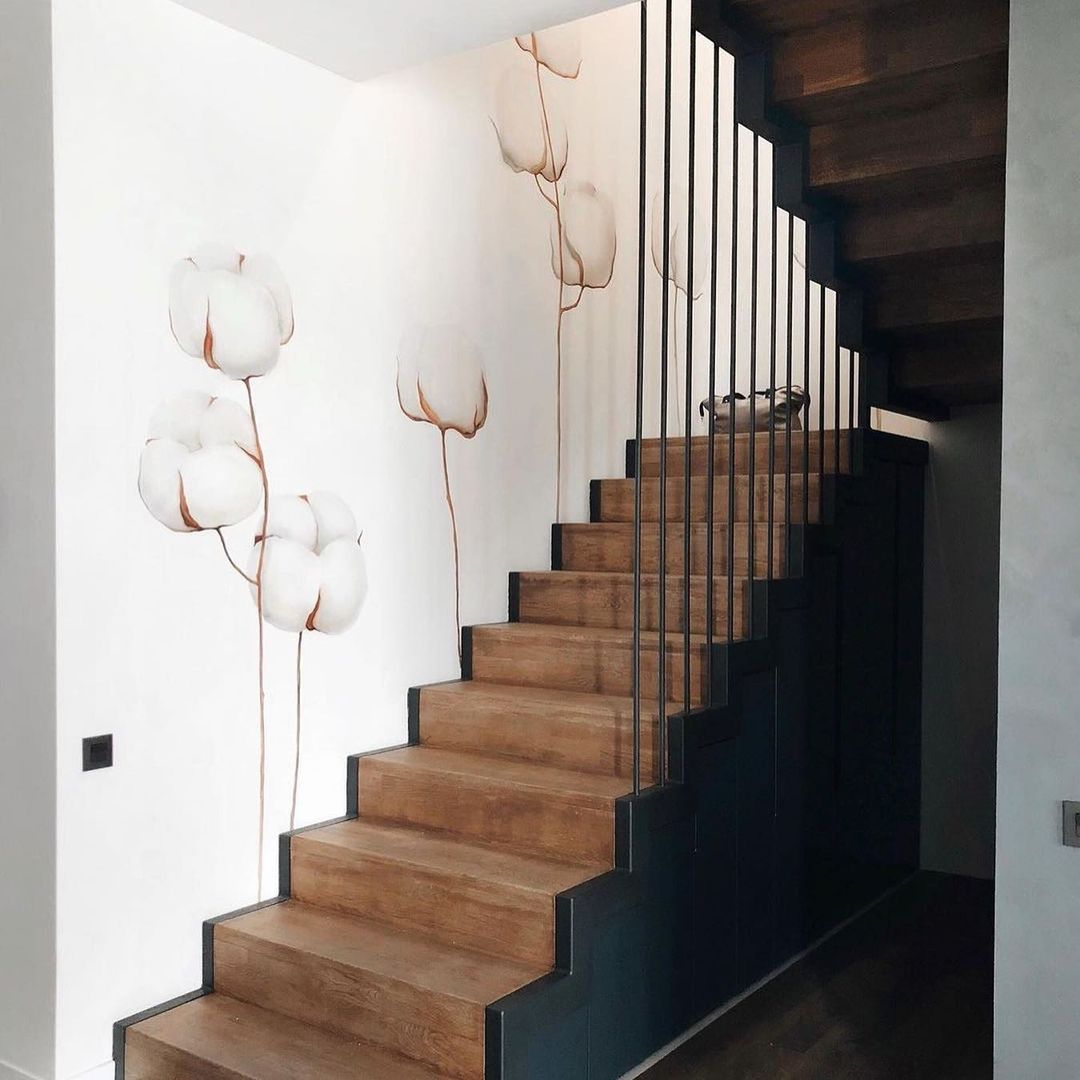 Delicate Cotton Plant Pattern Along the Staircase