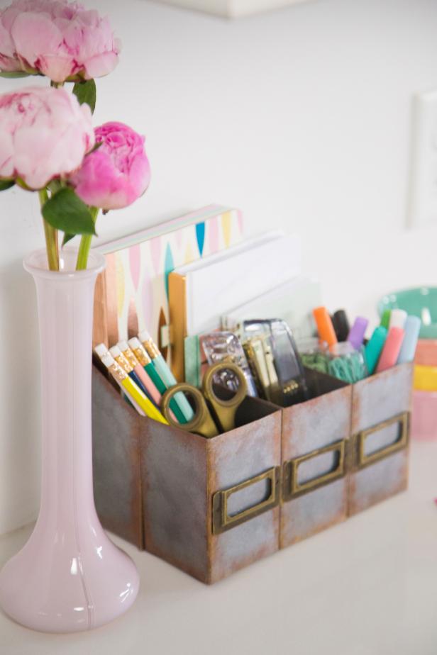 DIY Cardboard Desk Organizer with a Faux Metal Look