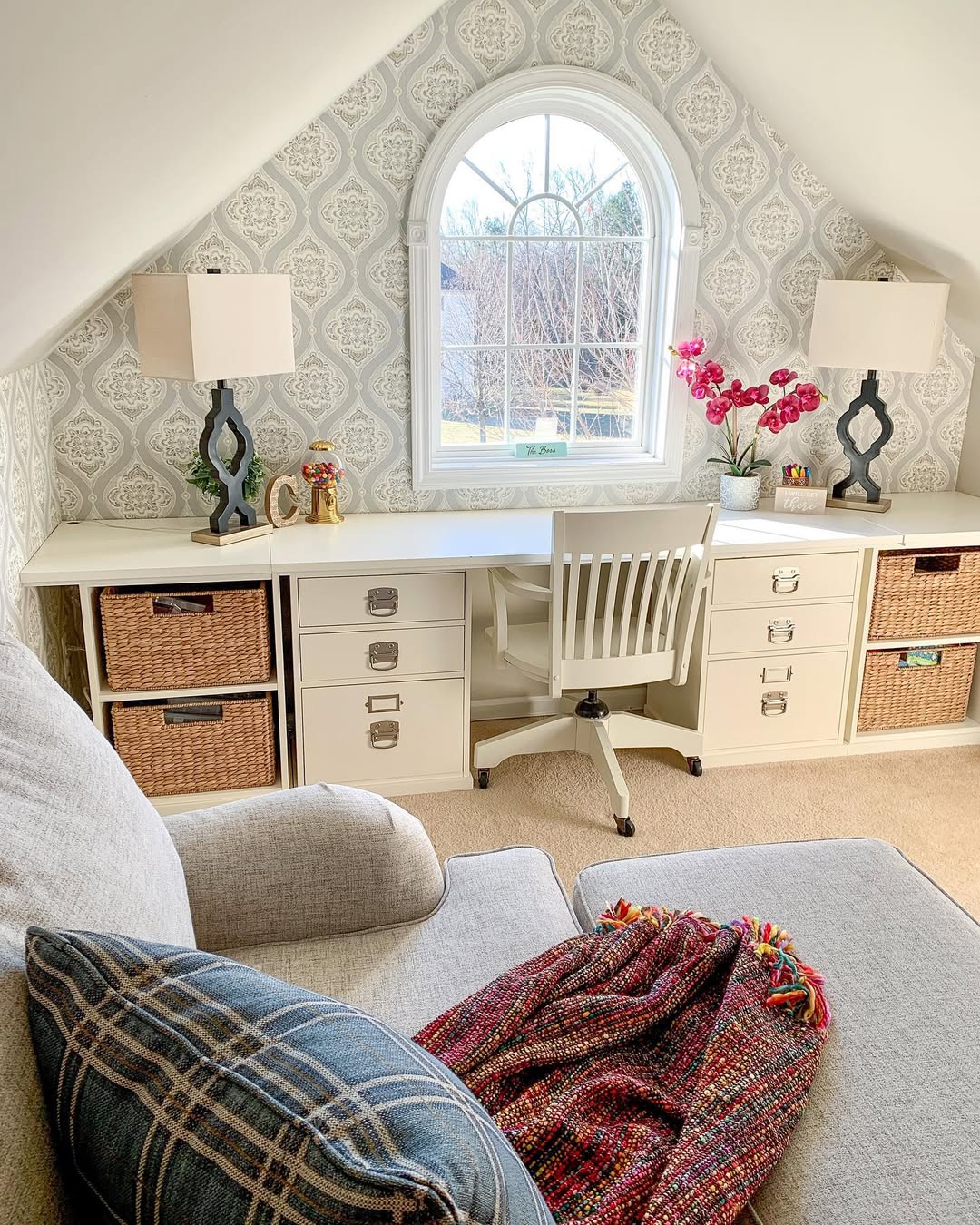 Dormer Desk with Built-In Storage Wallpaper and Arched Window