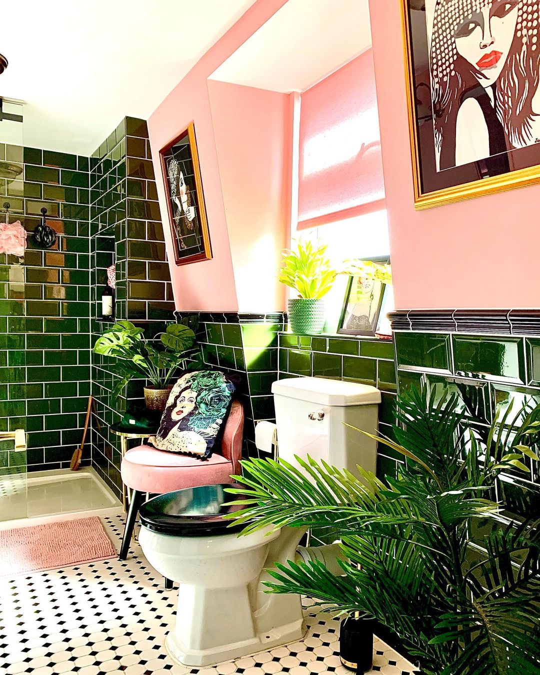 Eclectic Fusion with Lush Greens - Retro Pink Bathroom