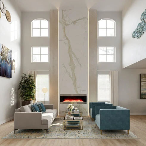 Electric fireplace with TV above in tall ceiling living room