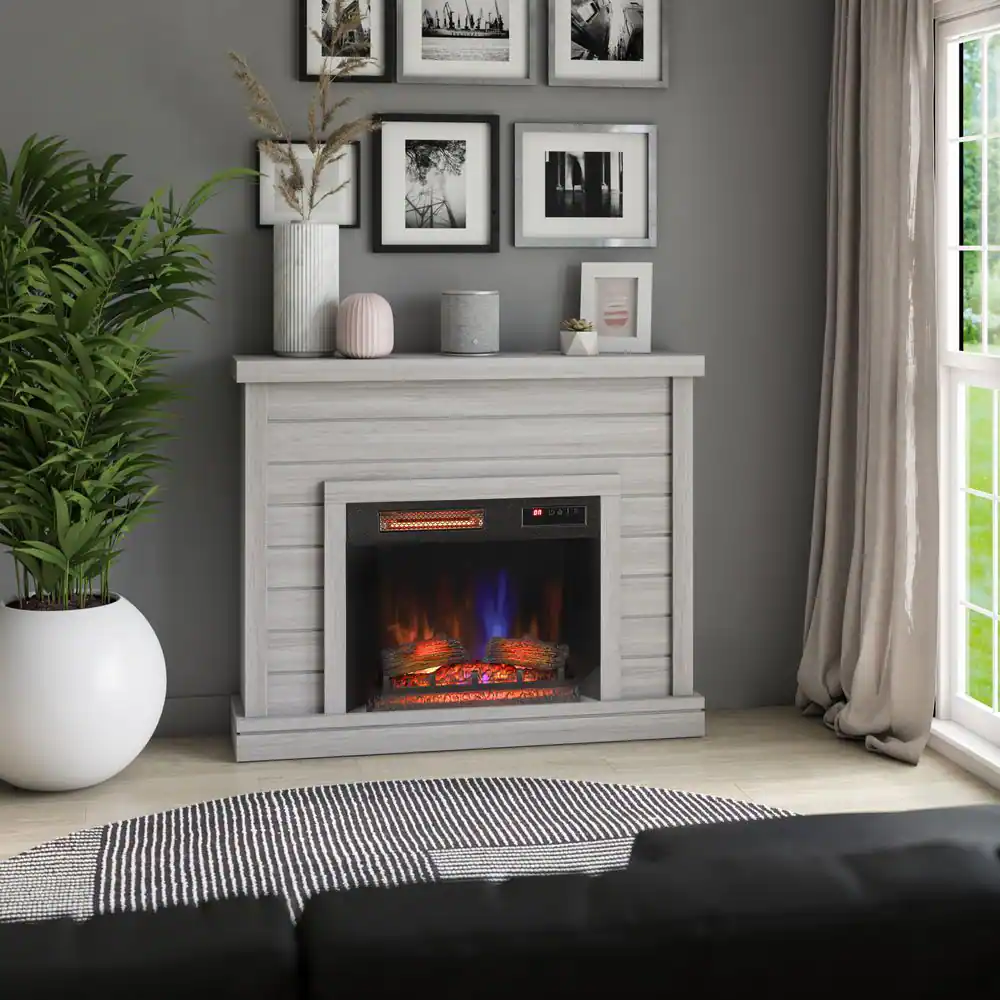 Electric Wall Fireplace Insert in a White Shiplap Wall