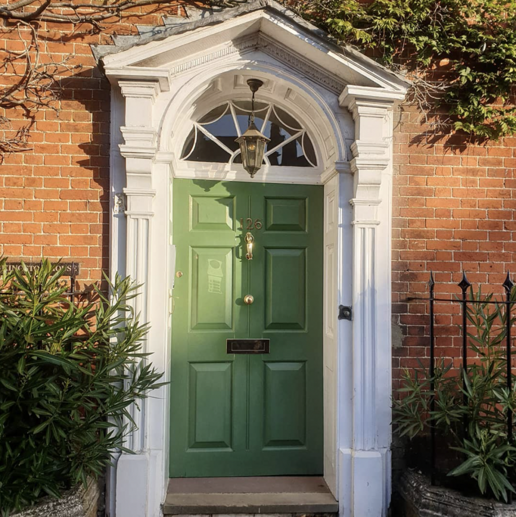 Entry Doors in Lime Green with White Molding