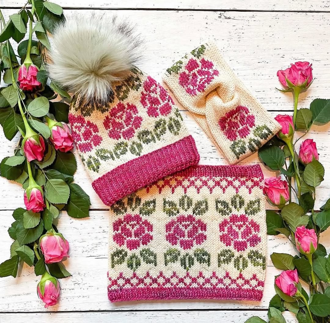 Fair Isle Knit Set with Rose Motifs and Matching Accessories