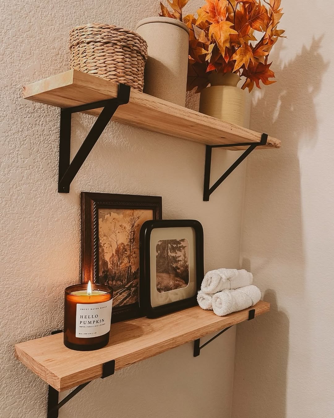 Fall Candles on a Bathroom Shelf