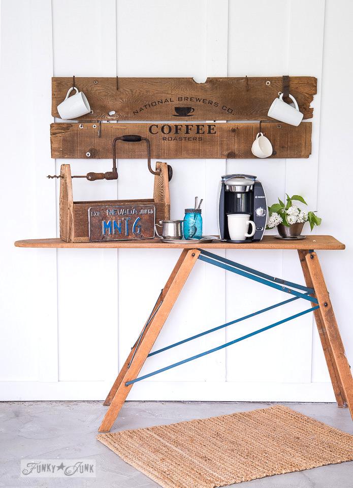 Farmhouse Coffee Bar from an Old Ironing Board