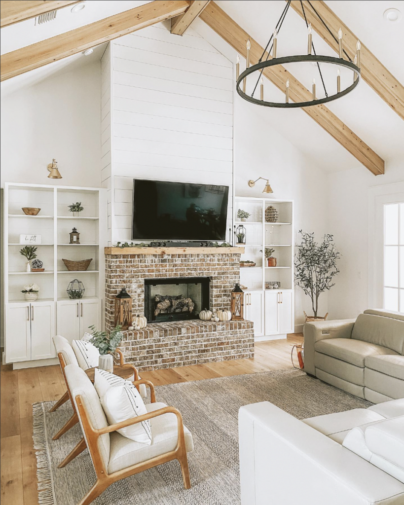 Farmhouse Fireplace with Horizontal Brick Shiplap and Mantel