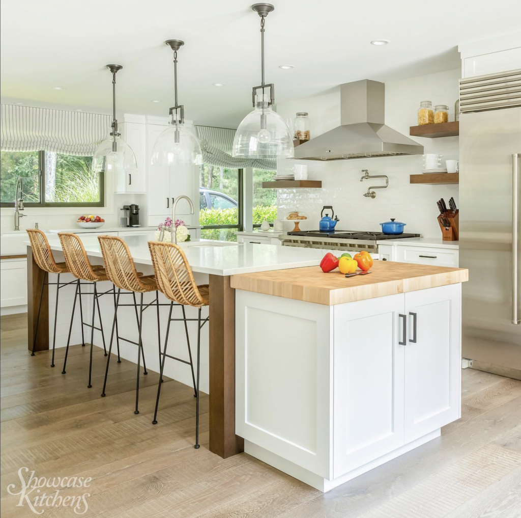 Farmhouse Kitchen with Rustic Wood Butcher Block Island