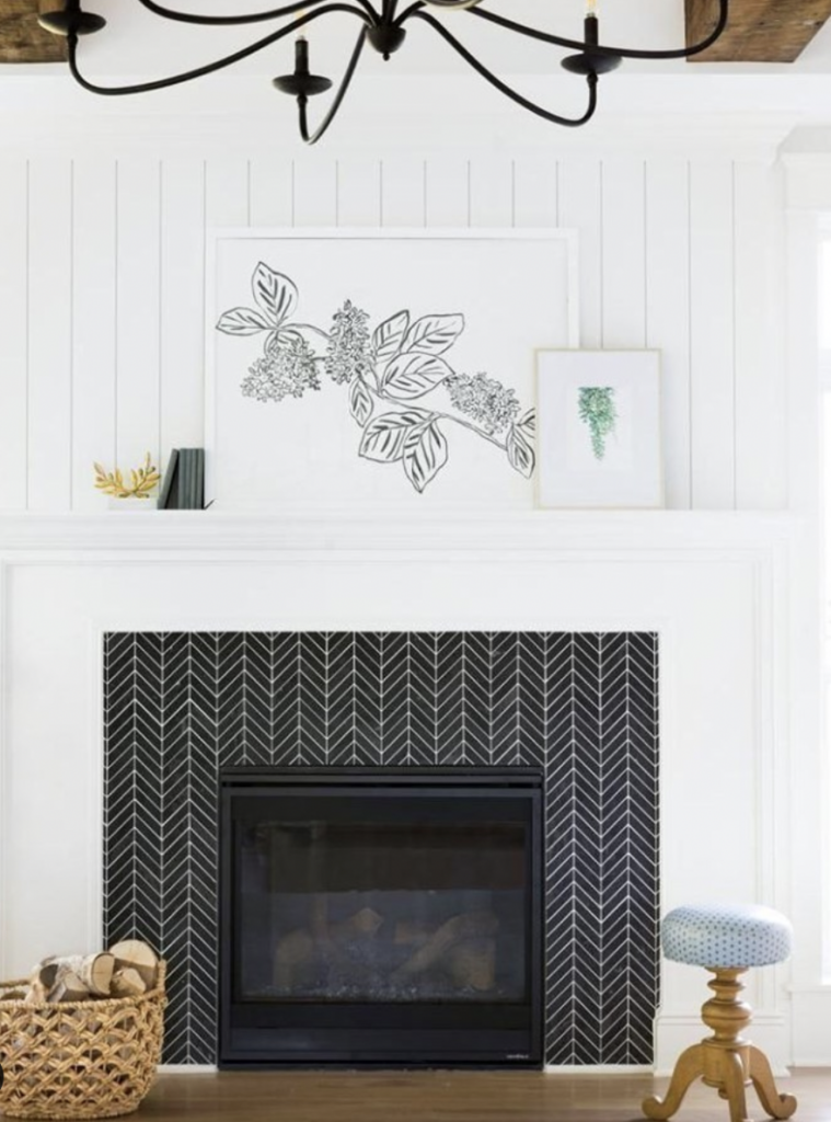 Fireplace Ideas Using Deep Black Tile and White Grout