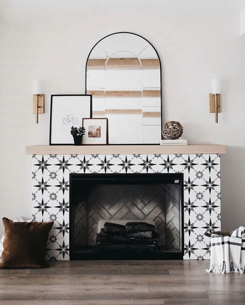 Fireplace Sconces in Gold with Black and White Surroundings
