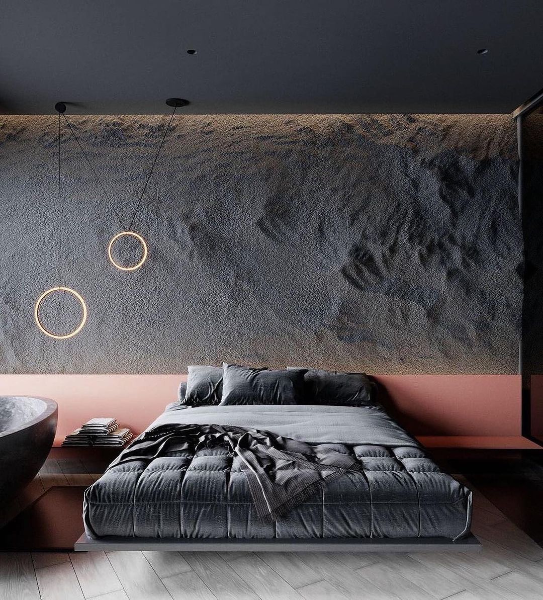 Floating Bed in a Black and Grey Bedroom