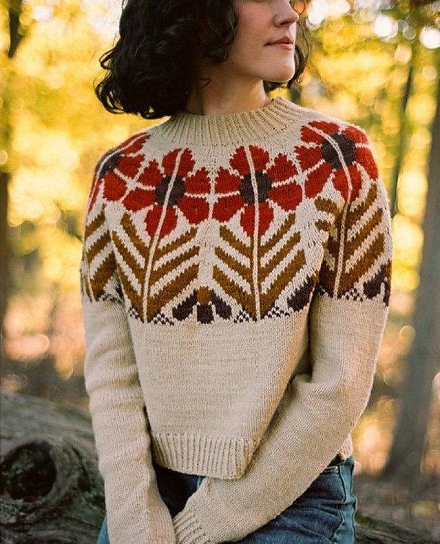 Folk-inspired knit with a forest theme and Nordic yoke