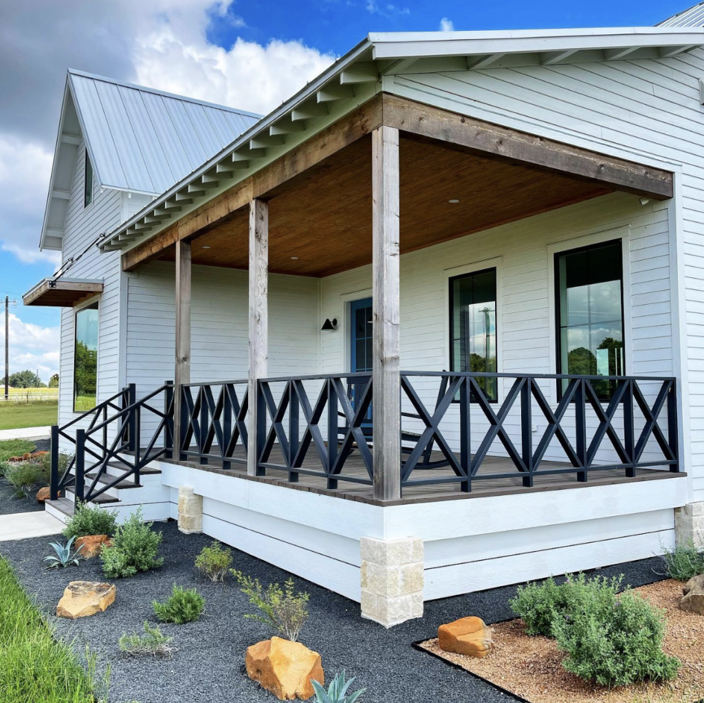 Front Porch Railing with Black Rails and Wood Columns