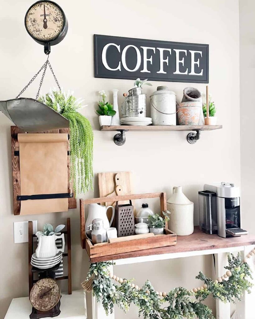 Functional Rustic Repurposed Wood Coffee Bar with Small Footstool