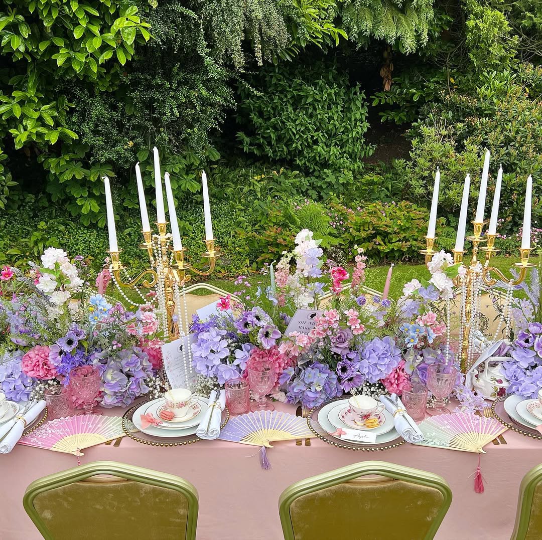 Garden Party Table Decor with Pastel Florals and Gold Candelabras