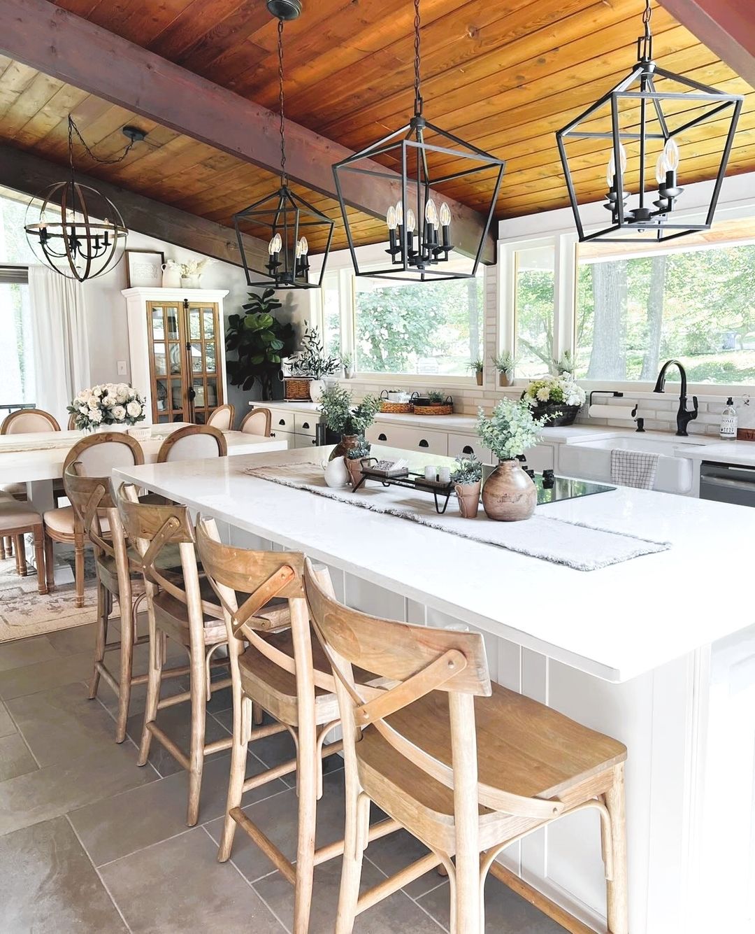 Geometric Lighting and Warm Wood Kitchen