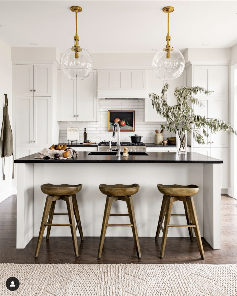Glass Sphere Lights With White Cabinets and Dark Countertops