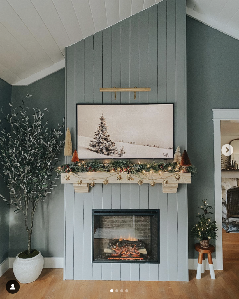 Gold Accent on a Gray Shiplap Fireplace Wall