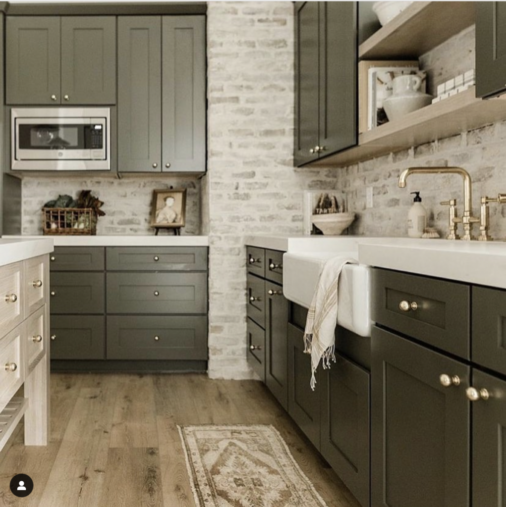 Gold Hardware on Green Kitchen Cabinets