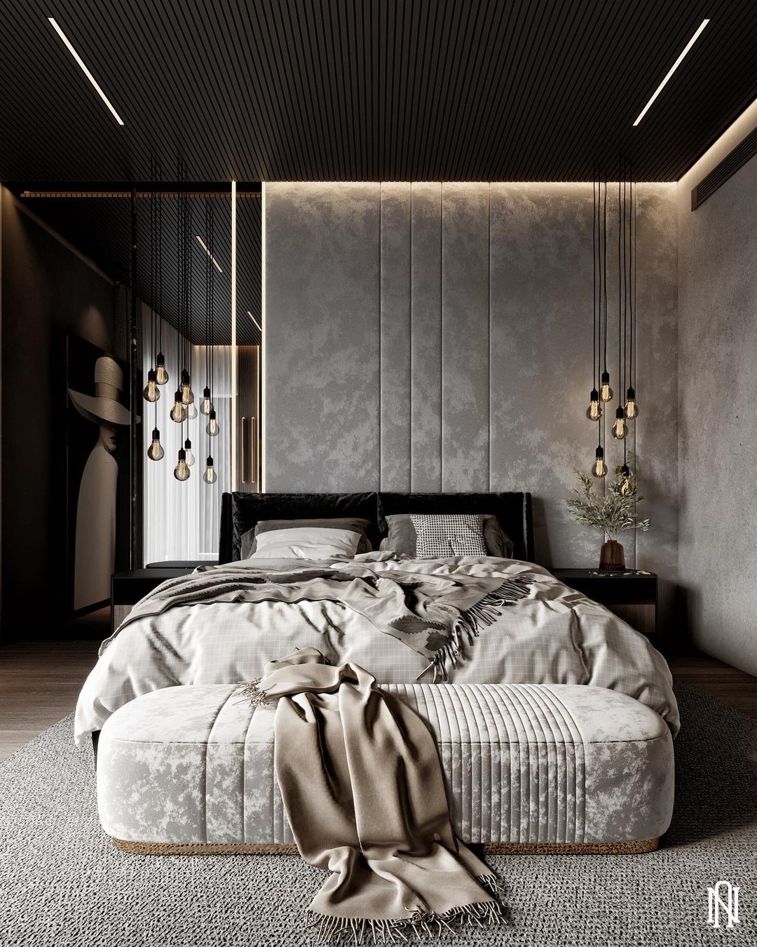 Gray Black Bedroom with Hanging Bulbs