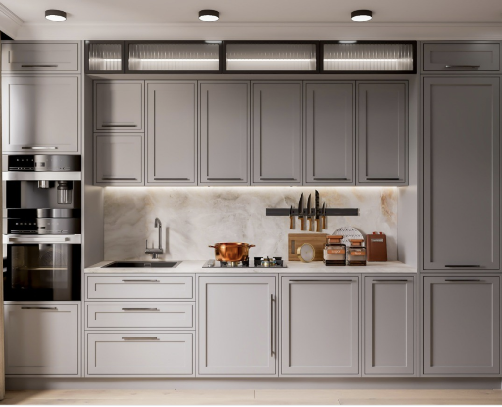 Gray Cabinets and White Marble Backsplash