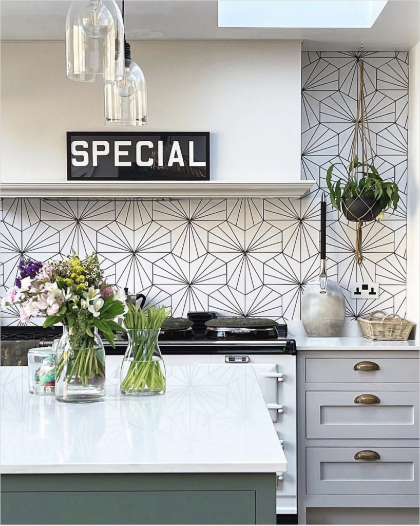 Gray Cabinets with Patterned White Tile Backsplash