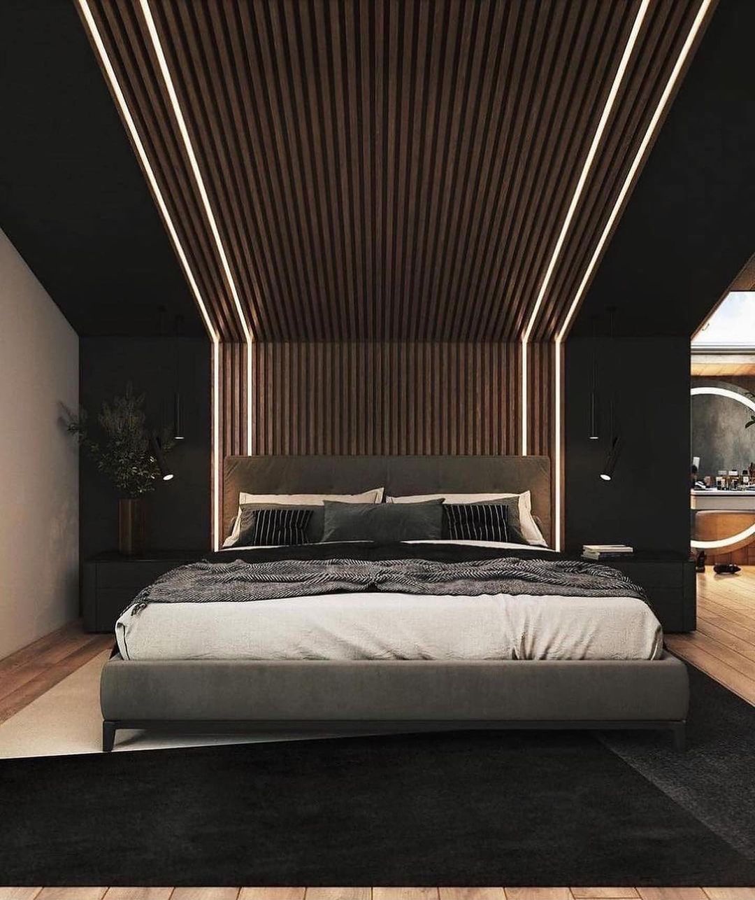 Gray Room with Black Details and Brown Paneling