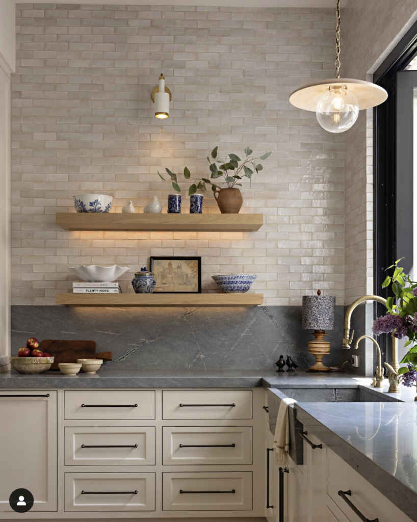 Gray Tile Backsplash, Off-White Cabinets and Grey Countertops