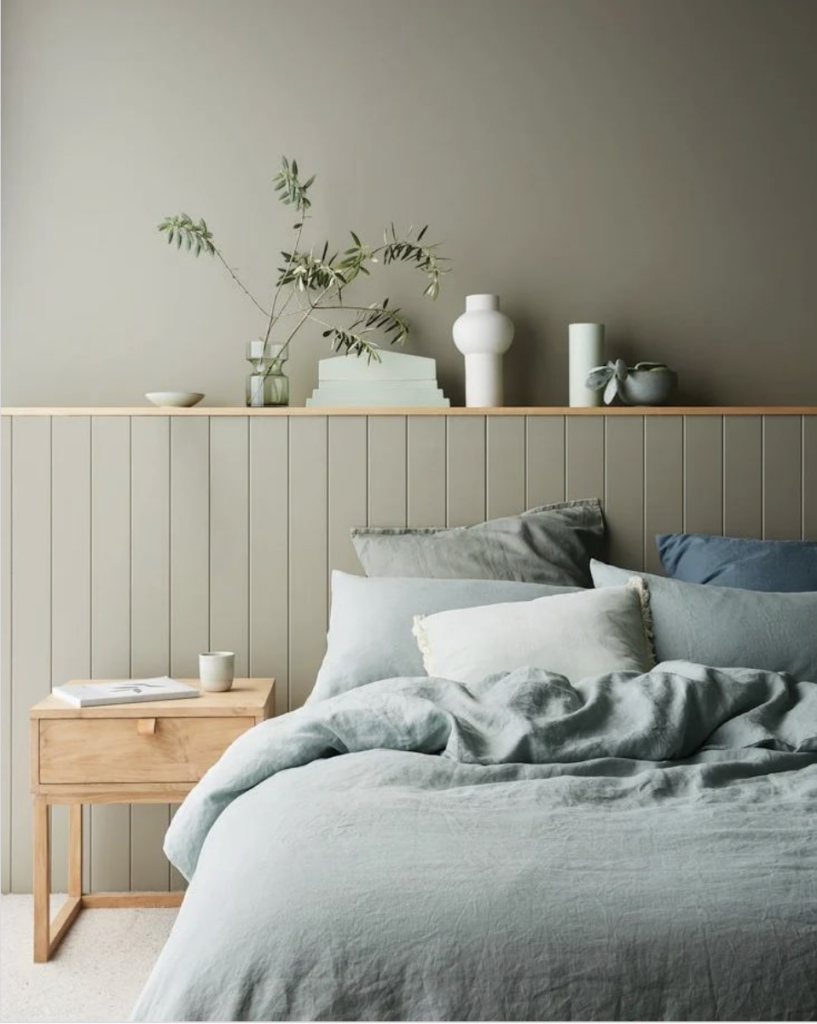 Gray Wainscoting With a Wood Shelf