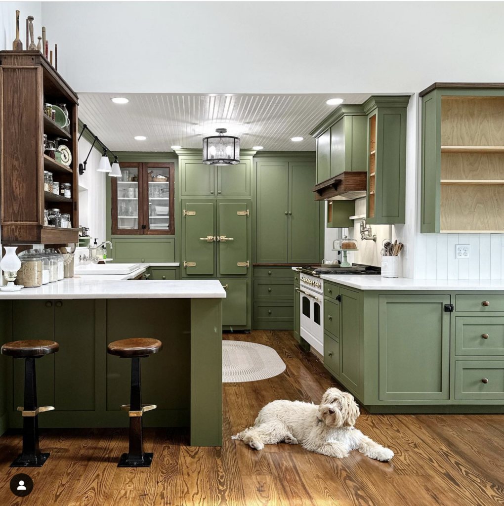 Green Cabinets with Wood and Glass Uppers